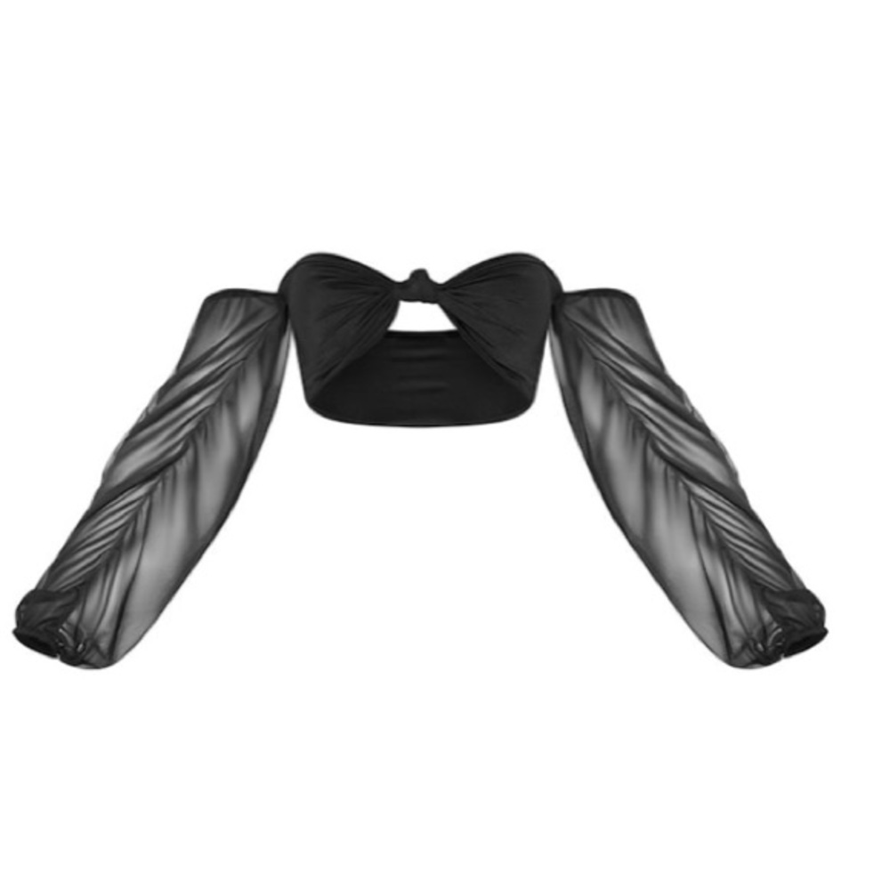 Black Puff Sleeve Strapless Bikini Top